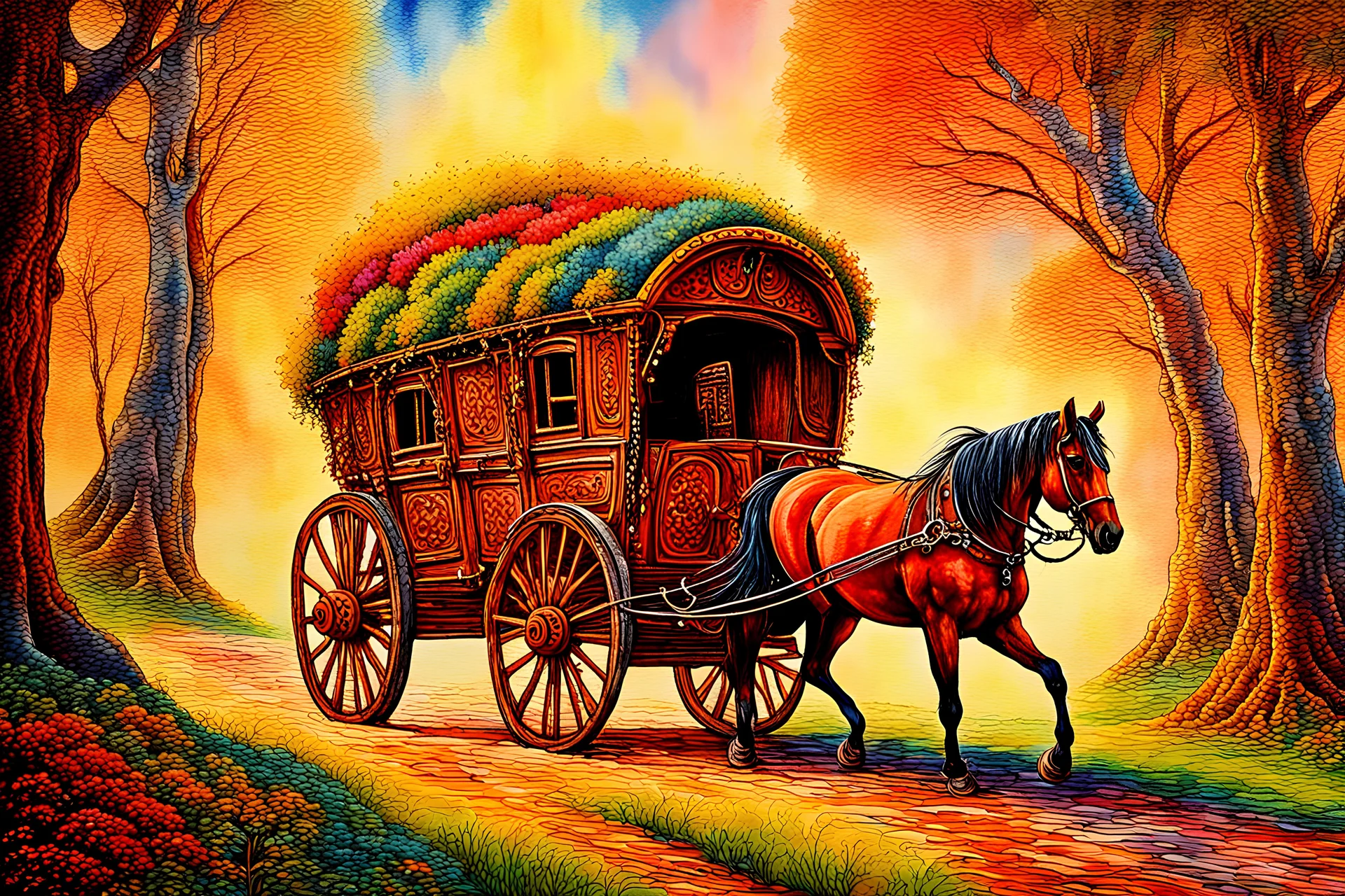 Amazingly beautiful gypsy wagon being pulled along by a horse on a path through a forest, beautiful sunny day, in the style of Josephine Wall, vibrant colours, wet on wet watercolor, detailed, complex, realistic trees,