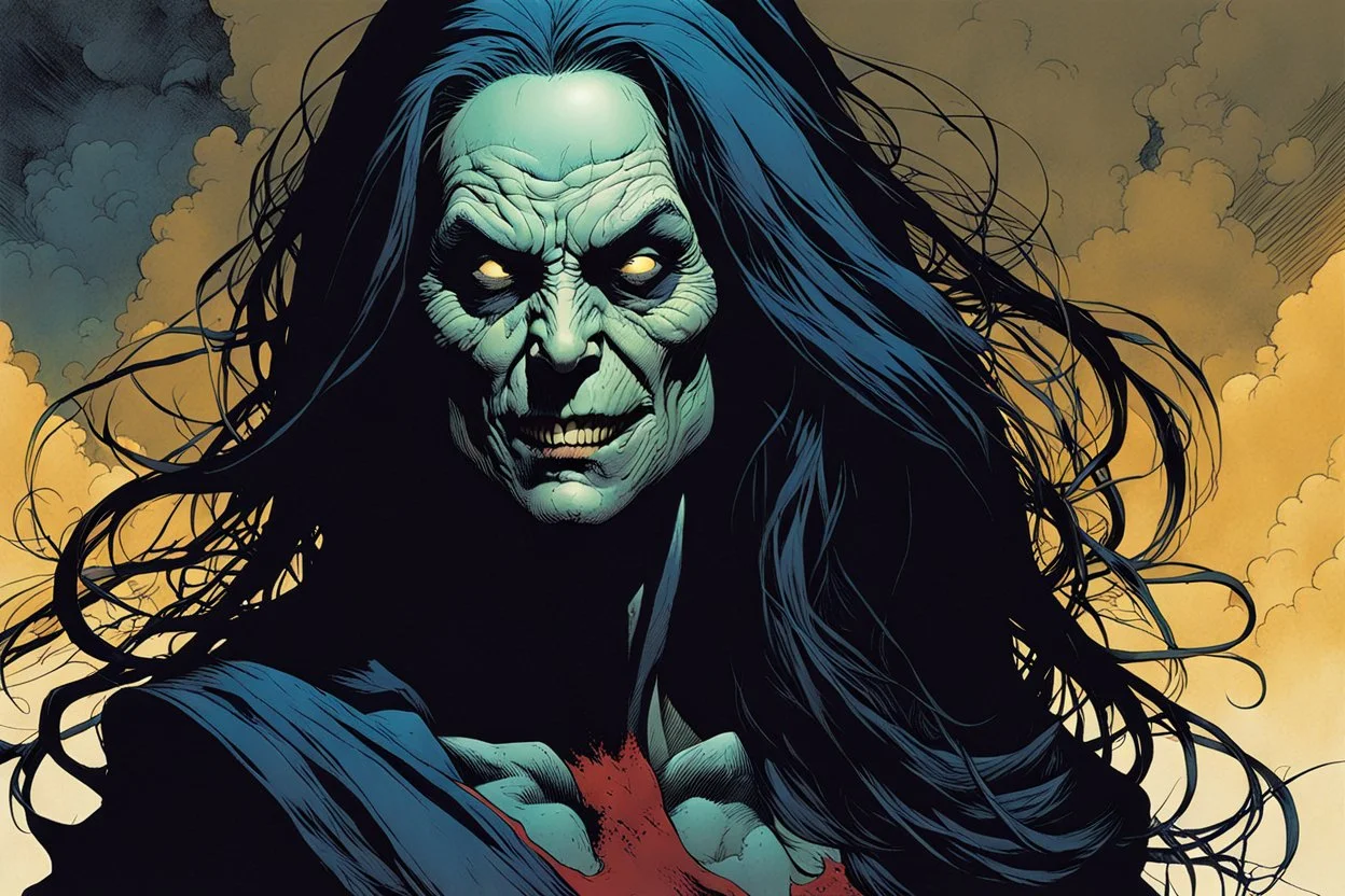 create a terrifying, ethereal, otherworldly gaunt and withered ancient female Bruxa vampire , in the comic book art style of Mike Mignola, Bill Sienkiewicz, John Romita Jr., Leonardo Romero, Simone D'ARMINI, and Jean Giraud Moebius, with highly detailed and sharply defined feminine facial features , finely penciled and inked , dramatic natural lighting