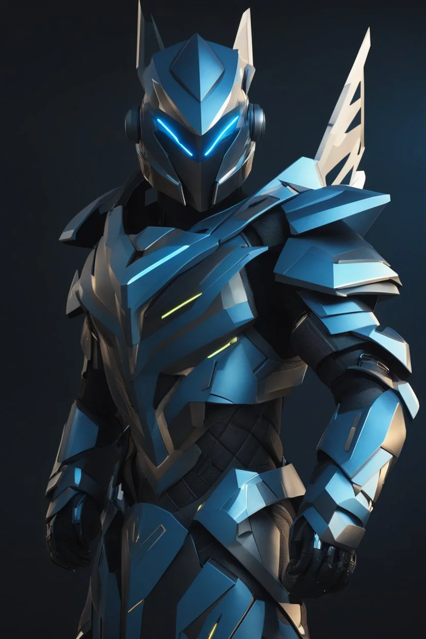 neon blue, flying parts of armor in form of triangles, cyber armor, geometric patterns on armor, male, orbiting triangle, armor drones