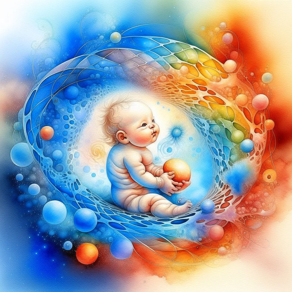 Inspiration from Nomeradona On Playground Life begins. Quantum Serenity: A watercolor depiction of the conception of a baby, illustrating the interplay of microscopic quantum particles and DNA at the molecular level, embodying calmness in action.”