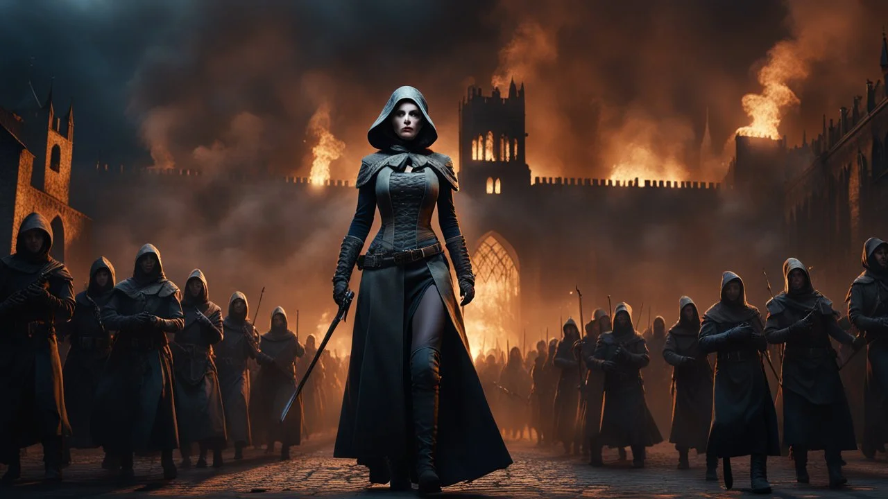 a female general dressed in smoke and shadows and gloves leading an army of the dead through a burning medieval city. the apocalypse. empty hands. blood. magic in the sky. fantasy setting. intense horror. blind terror. scared to death. a masterpiece, fantasy concept art, dynamic lighting, hyperdetailed, intricately detailed, deep color, Unreal Engine, volumetric lighting, Epic cinematic brilliant stunning intricate meticulously detailed dramatic atmospheric maximalist digital matte painting