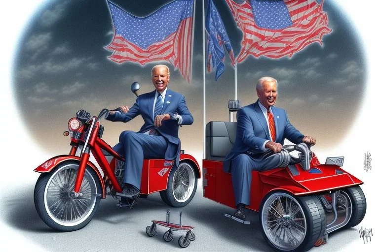 true-to-life pencil and color marker portrait of realistic joe biden riding a tricycle, with an extra set of carrying wheels and rollcage for safety, by kim jung gi