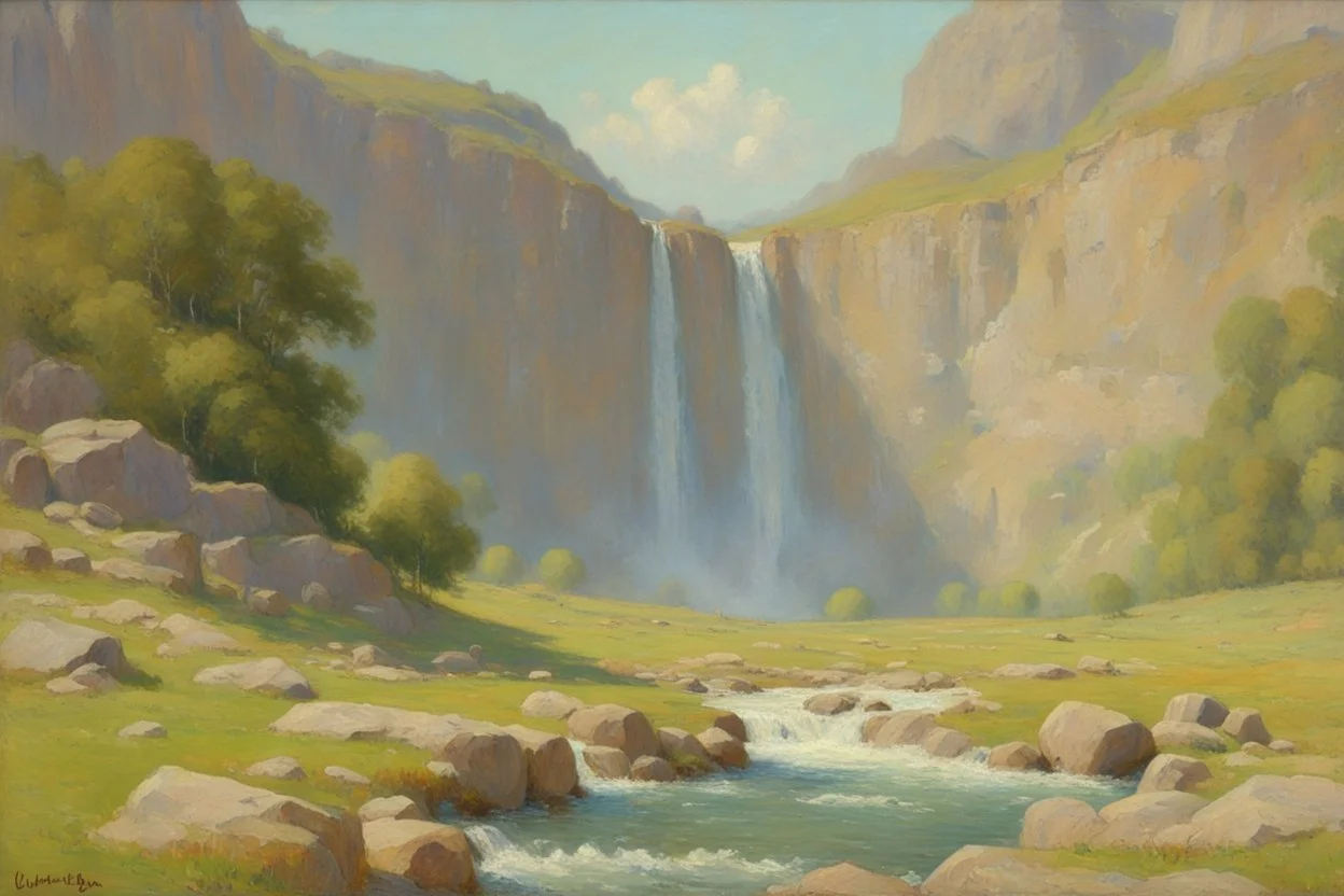 sunny day, rocks, waterfall, mountains, videogame influence of need for speed landscapes, gustave de smet and emile claus impressionism paintings