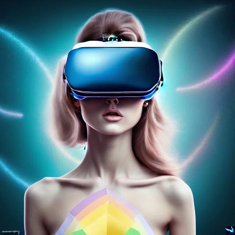 Woman with a VR headset running in futuristic Edimburgh on chrome water and rainbow sky on cinematic ultra high definition