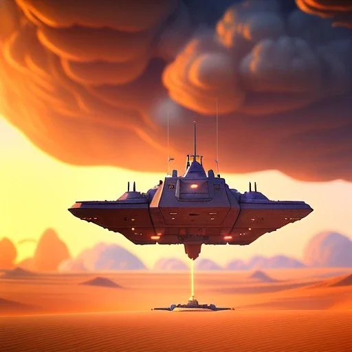 octane render volumetric desert environment, Ralph McQuarrie style painting of an armored hovercraft with cannon, floating in the air, highly detailed, minutiae, clouds, storm, renderman, duststorm at sunrise