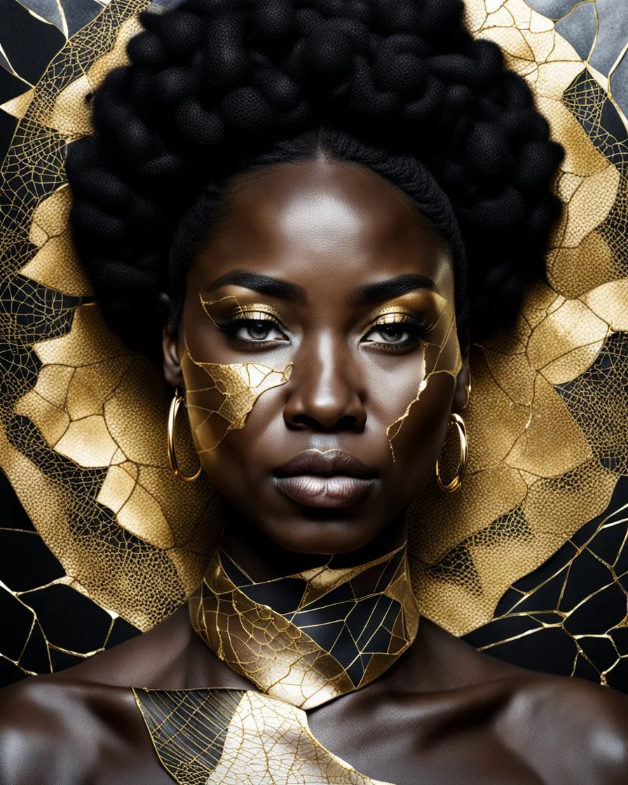 a beautiful black woman face made of kintsugi seam