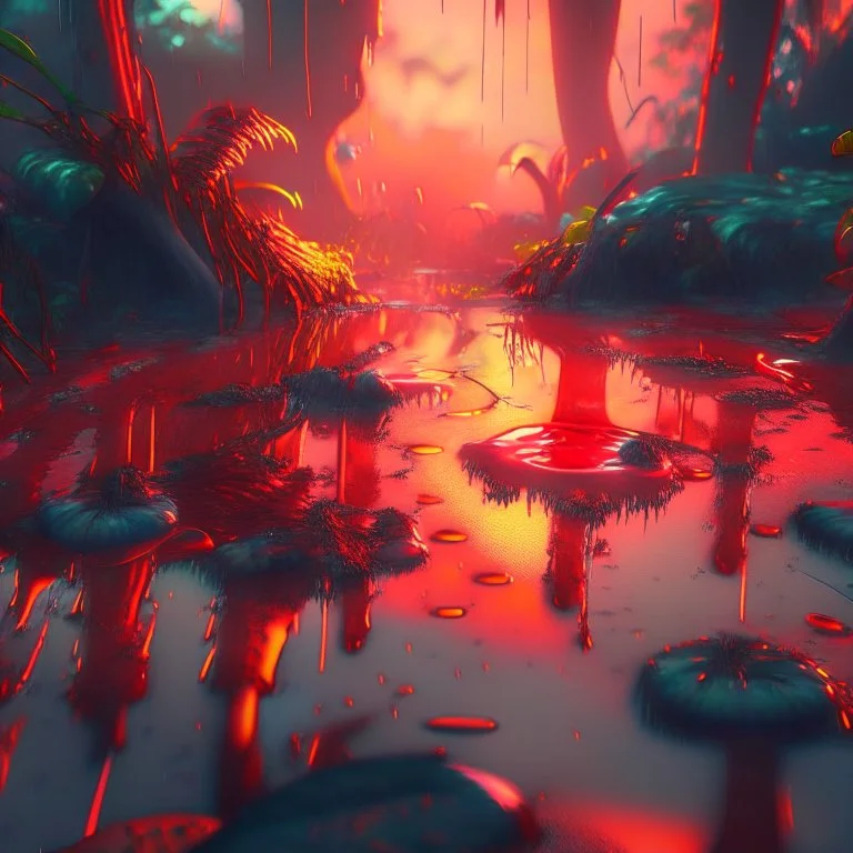 fantasy jungle at sunset, puddles on ground, covered with glowing red slime, photorealistic, unreal engine 5, masterpiece, trending on artstation, sharp focus