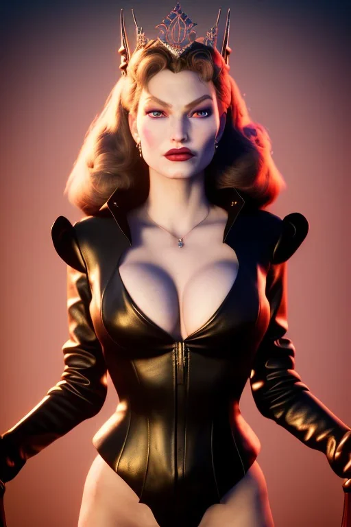 Veronica Lake as evil queen in black leather, leather, busty, cleavage, angry, stern look. character design by cory loftis, fenghua zhong, ryohei hase, ismail inceoglu and ruan jia. unreal engine 5, artistic lighting, highly detailed, photorealistic, fantasy