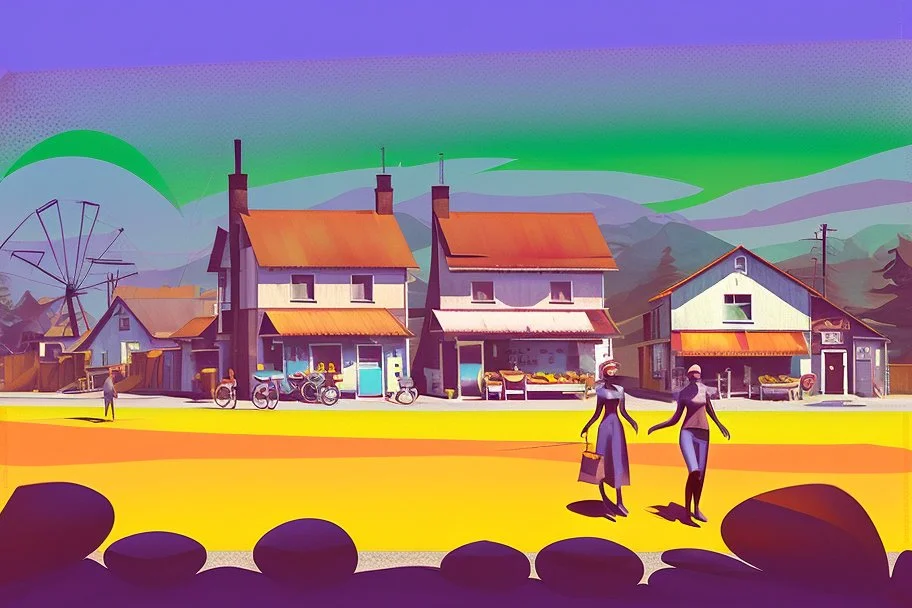 whimsical arafed nonsense, patchwork vibe, acrylic and ink painting of a cozy village main street on undulating hills with color (((minimal))) sketches of village people with (((extremely long limbs))), (((oversize head))), sharp color contrasts, amazing shadows, (((exaggerated limbs and head))), minimal cozy, warm palette, bright bold warm summer colors, color leak, sparse bright orange-red splinters, heavily distorted views, amazing parallels, amazing reflections