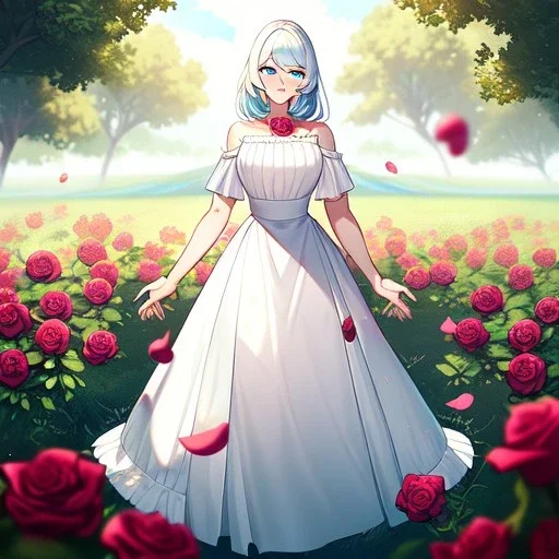 gorgeous anime girl wearing a yellow and white dress ,standing in a meadow of flowers, spreading rose pedals on the ground. beautiful eyes and a stunning smile, blue eyes, two blue eyes, perfect nose and rosy cheeks and red lips