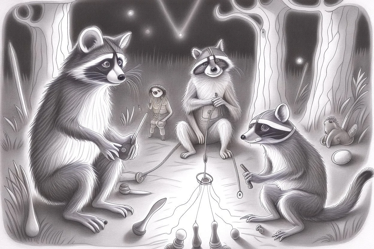 At dusk curious raccoons explores the forest. Tiptoeing into human campsites, intrigued by human artifacts they found.- Pencil drawing, realistic, graphite