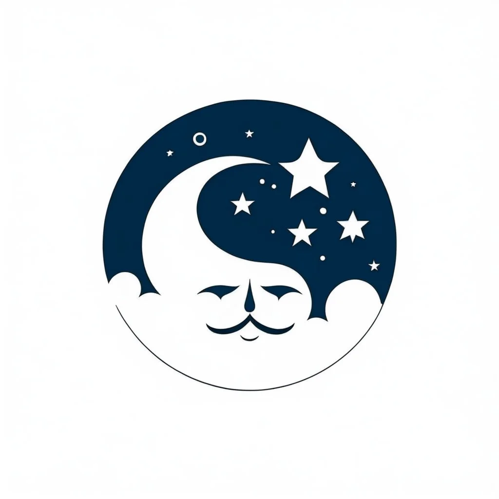 Logo, vector, clean, circle logo with a face looking up at the moon clouds and stars