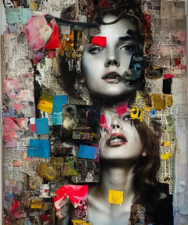 happy beautiful girl holding big proffesional camera in studio. street art, oil on canvas, spray paint, collage, letters, newspapeers, Dave McKean, Vladimir Fedotko, Saturno Butto, Vaughn Bodé, Frank Wu, James C. Christensen, collage, dirty, paint dripping, radiant