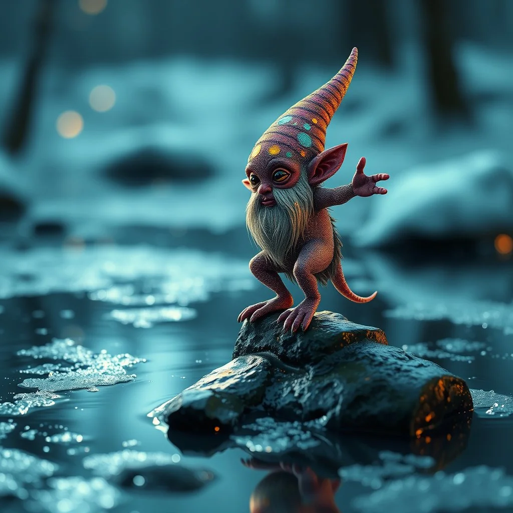 airbrush and pen outline, a glittering Deep Gnome (Svirfneblin) gremlin balancing on frozen pond, goa psy ambient in the style of vangelis and fsol, source vibrations, bokeh like f/0.8, tilt-shift lens 8k, high detail, smooth render, down-light, unreal engine, prize winning