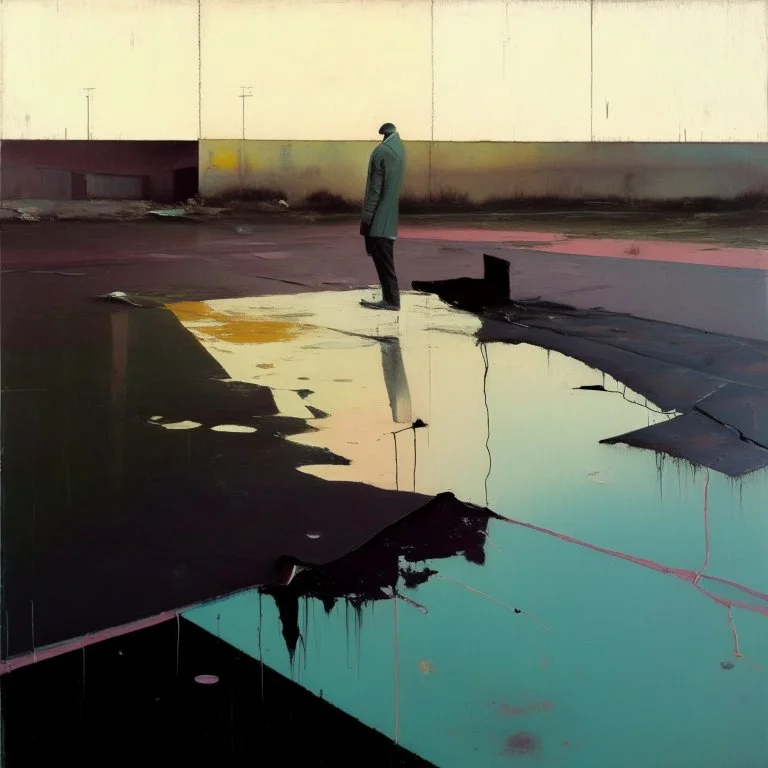 Minimal contemporary abstract oil paintings desolate 1960s carpark concrete fragments at dusk sunset. In the style of Justin Mortimer and Francis Bacon. road markings.