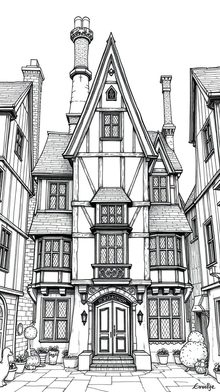 technical line drawing of the front elevation of a tall, narrow, warped, fantasy Tudor building, with twisted chimneys, rooms and floors added to sides and roofs, like the warren.