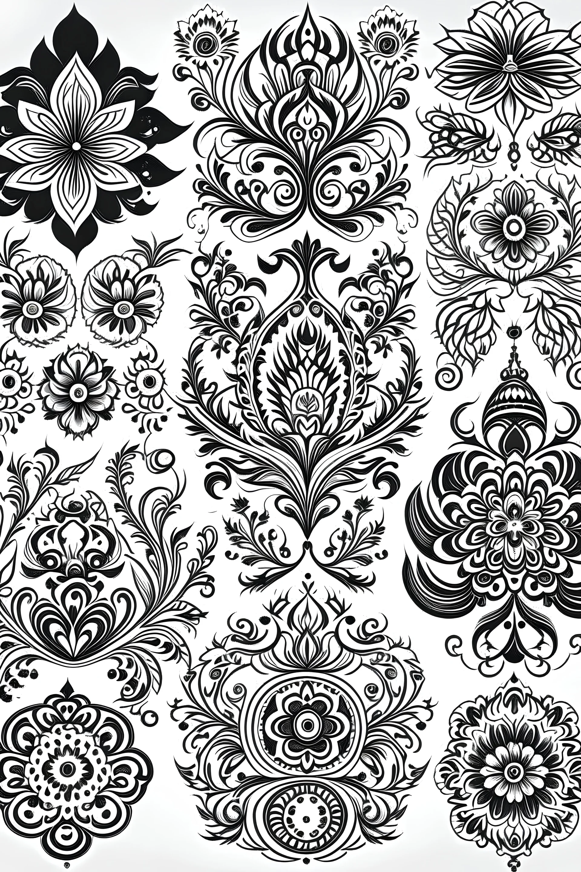 Draw a page with folk traditional patterns for tattoo designs from Germany in fine work black in on white background