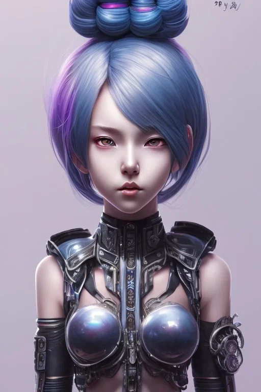 Detailed cute anime Kunoichi girl, blue hair buns, purple bangs, black latex bodysuit, intricate details, full body portrait, keep head in frame, slight smile, black Japanese motif, concept art, highly detailed, digital painting, concept art, sharp focus, illustration, art by Yoji Shinkawa, WLOP and greg rutkowski and alphonse mucha and artgerm and yanjun Chen and Junji ito and Makoto Shinkai, HDR, octane render