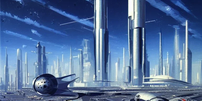 Spaceport on a heavy industrialized planet with futuristic high rise buildings with glass facades in the background and spaceship taking off in the foreground, art by John Berkey, brutalist architecture, insanely detailed, vibrant, 8k uhd, blue sky with clouds, cinematic atmosphere, ultra-wide angle, street level view, brush strokes, sharp focus