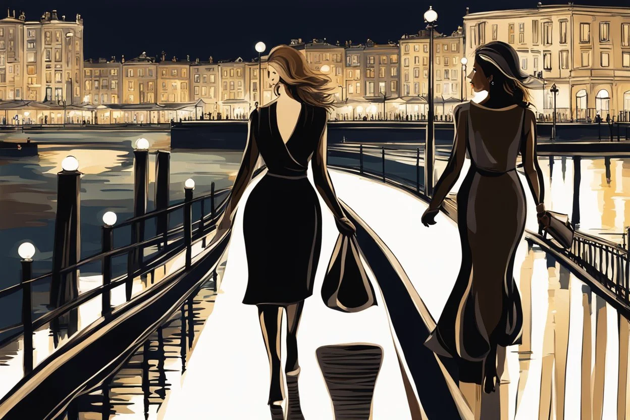 two elegant women walking at night on a sea promenade, by artist "Ingrid Umber", by artist "Sienna Lamberts