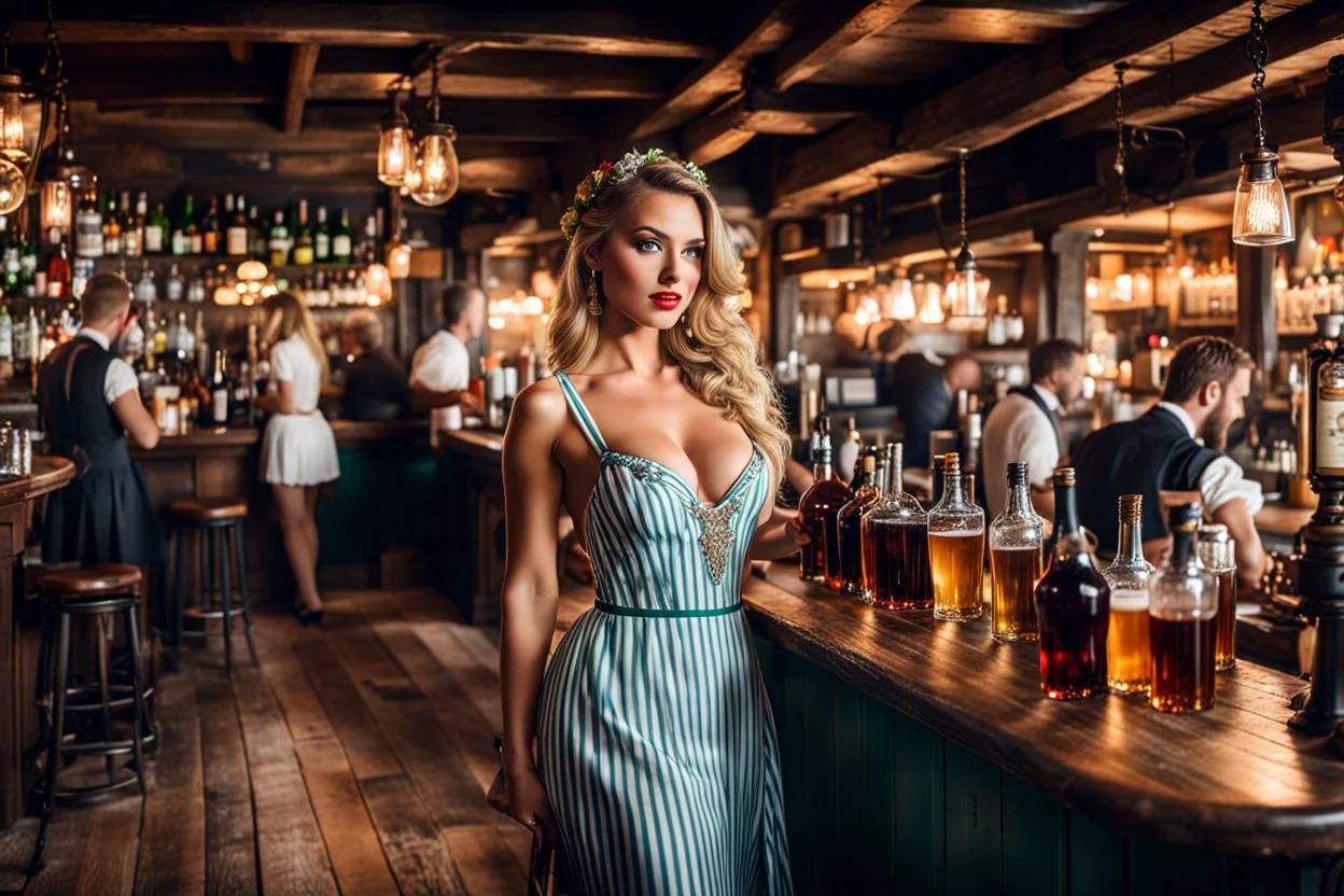 long shot of a beautiful tavern with many peoples drinking, fullbody of very beautiful German goddess girl with make up Lily wearing a pretty dress as she is a bartender gracefully serving the people, ,her eyes beauty Draw attention of every one in tavern,The drunkards of the pub are all upset from her beauty