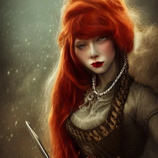 best quality, realistic lighting, masterpiece portrait of psychopath Cinderella, details, red hair, emerald eyes, light dusting of freckles, cowboy shot from above, simple chain hauberk, warhammerVector art matte painting digital illustration 3D shading CryEngine Behance HD 3Delight