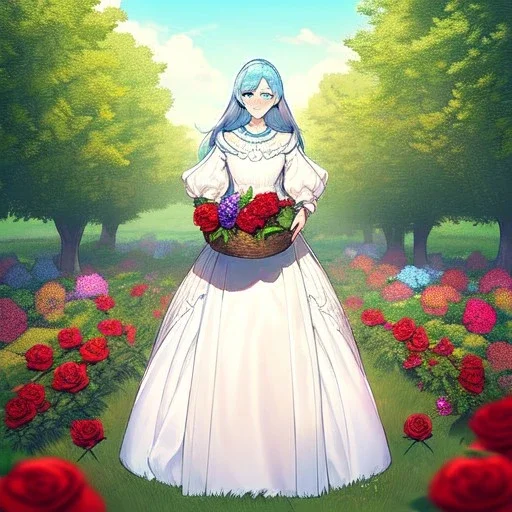 very gorgeous anime girl wearing a yellow and white dress ,standing in a meadow of flowers, spreading rose pedals on the ground. beautiful eyes and a stunning smile, blue eyes, two blue eyes, perfect nose and rosy cheeks and red lips. girl is holding a basket with flowers in it. girl has flawless face. simetrical face