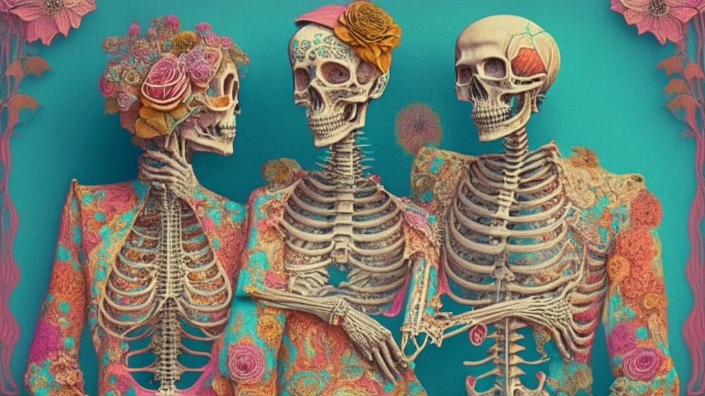 Famous partially Skeletonized Couple Posing together wearing vintage 1960's hippie clothes; neo-surrealism, Intricately Detailed, Beautiful, Colorful, award-winning, high definition, ultra-detailed, beautiful, rose tones