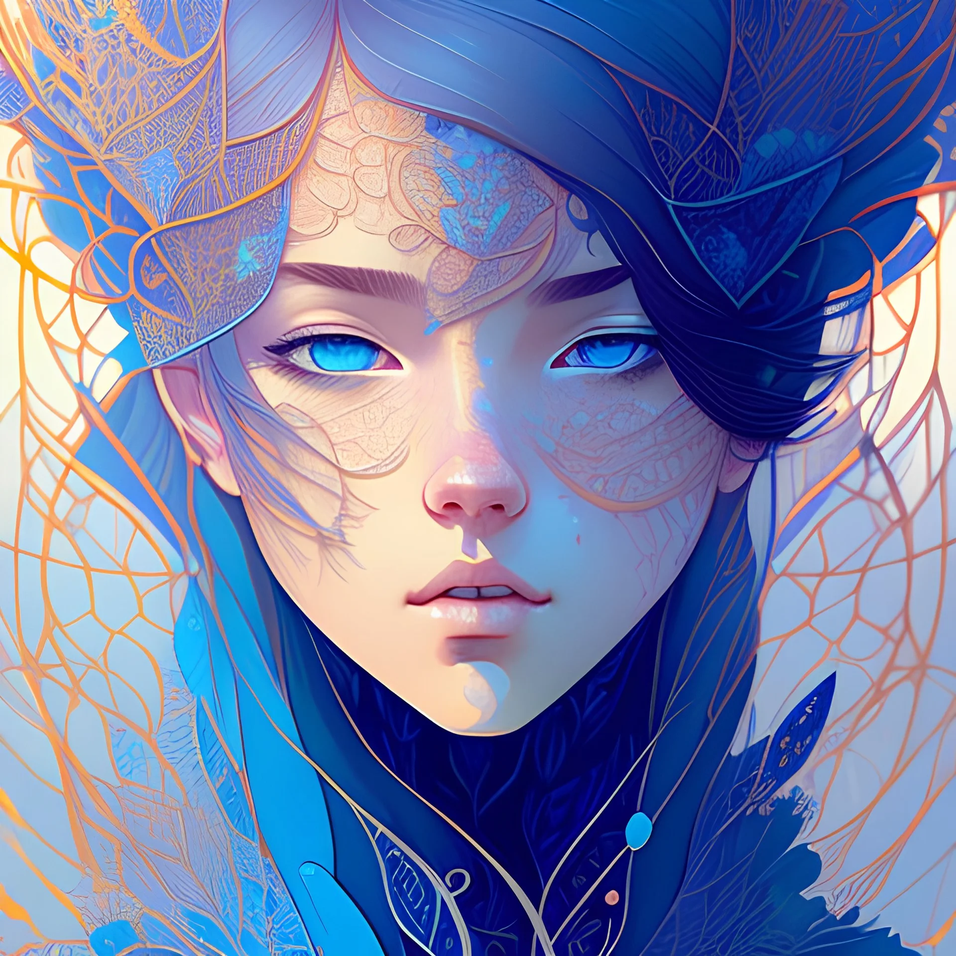 Beautiful teen princess, blue outlines, highly detailed, intricate motifs, organic tracery, perfect composition, digital painting, artstation, concept art, smooth, sharp focus, illustration, Carne Griffiths, pixar, Victo ngai, Jean Baptiste Monge, shiny aura, Dan witz