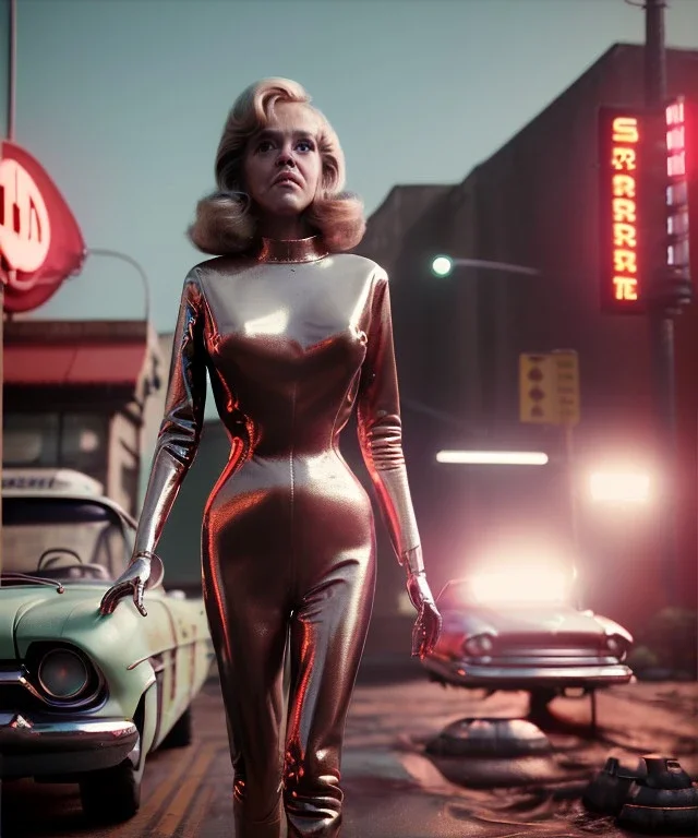 Ultra Realistic retro sci-fi movie Supermarket parking scene, 1960 year, waist up view portrait, a super giant blonde woman, sweet teenager Jane Fonda face, perfect iris, glow eyes, face makeup, tight latex coat, many people, Retro sci-fi style, soft color, highly detailed, unreal engine 5, ray tracing, RTX, lumen lighting, ultra detail, volumetric lighting, 3d, finely drawn, high definition, high resolution.