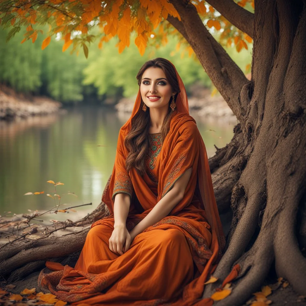 Hyper Realistic Photographic-View of a Beautiful Young Happy Pashto Woman with beautiful eyes & beautiful brown hair wearing Brown Dress with orange embroidery & dark-green-shawl sitting under a thick dense old tree with leaved falling riverside at beautiful day showing dramatic & cinematic ambiance.