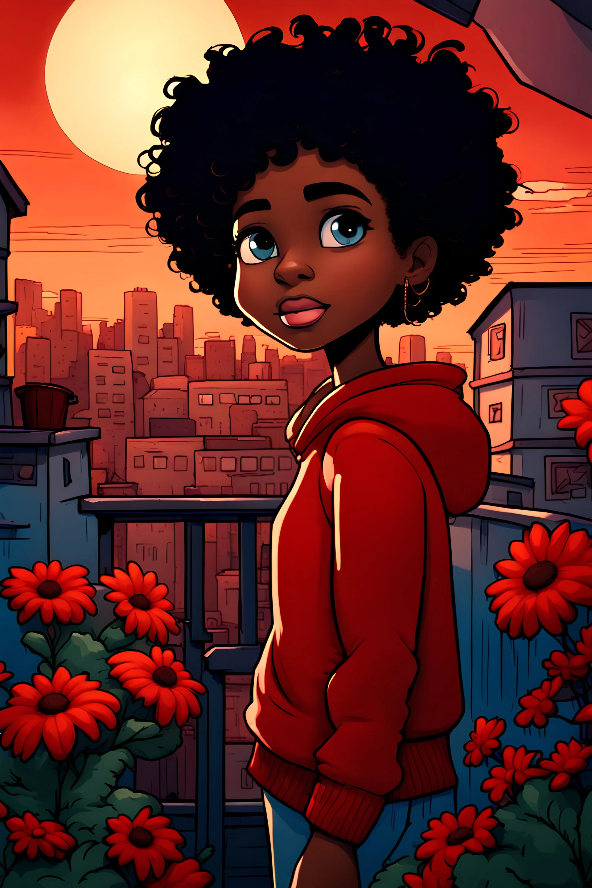 A beautiful young cartoon girl named Sally with black afro hair, blues eyes that are expressive and filled with curiosity, in class raising up her hand to answer a question with an exciting smile, other cute kids in class too