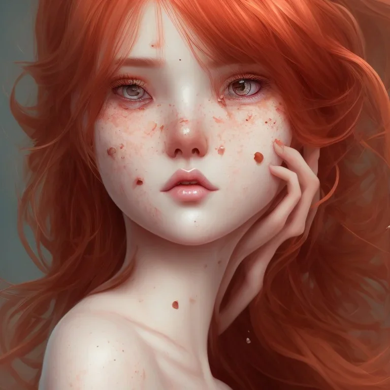 redhead girl, asian eyes, freckles, brown eyes, pink eye makeup, big pores, ultra detailed portrait