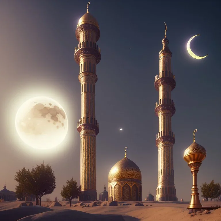 photo for an Islamic application with a minaret and a crescent moon, steampunk, unreal 5, octane render, cinema4d, dynamic lighting, dramatic lighting, 4k, redshift render, highly detailed, hyper realistic,