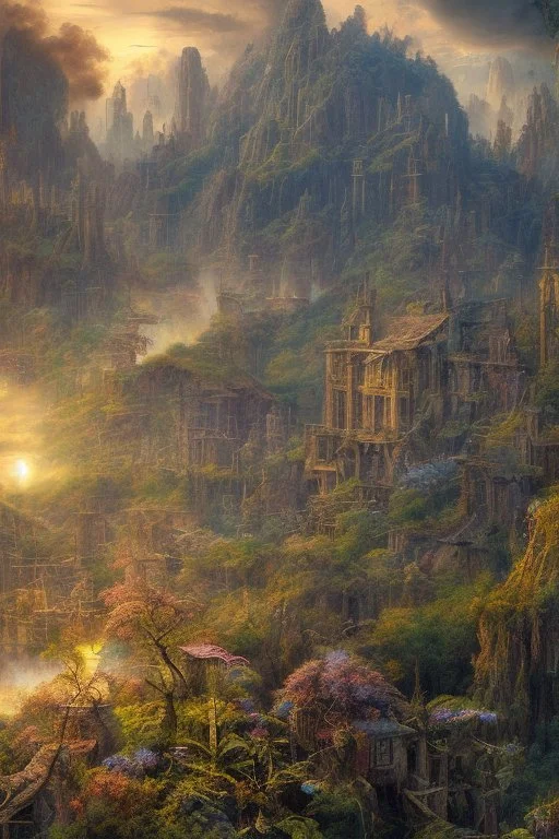 realistic detailed landscape, movie shot, background by denis villeneuve, ernst haeckel, max ernst, masterpiece, rich moody colours, sunrise.