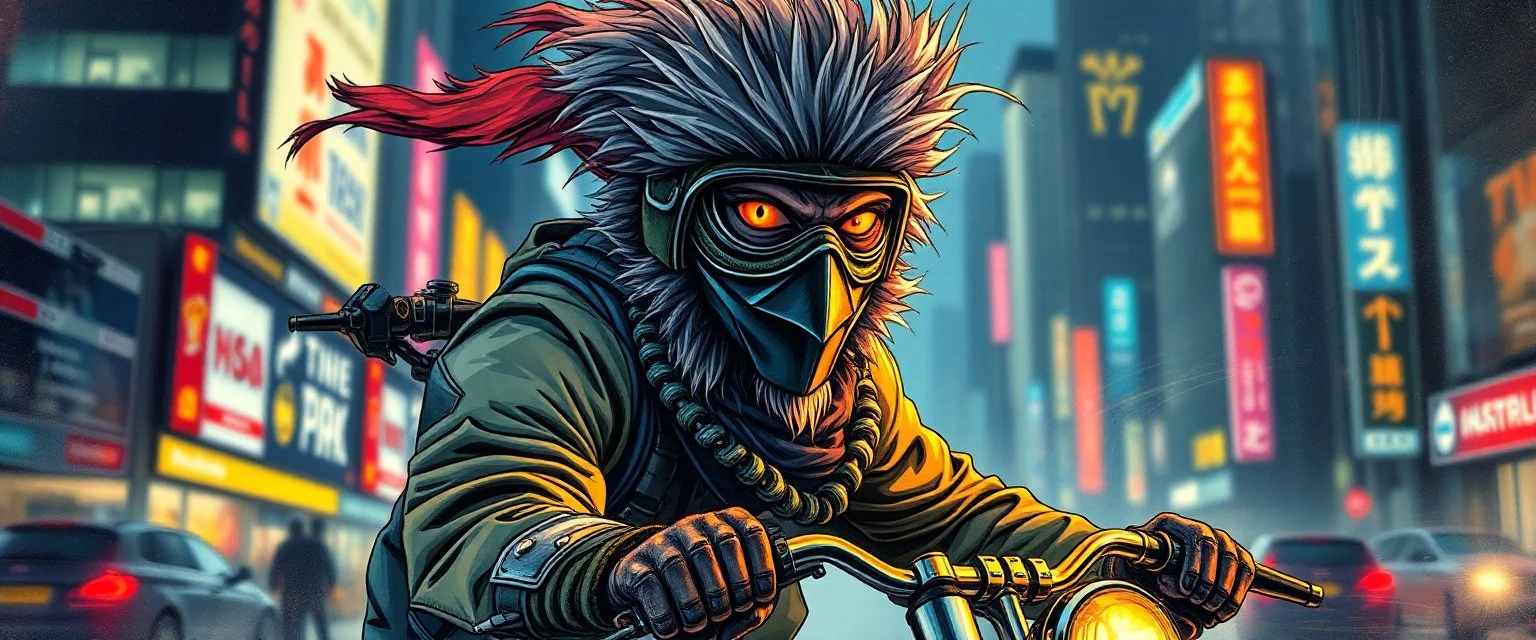 Rembrandt wall poster of ninja transparent biker weasel rasta man with cute fur, in big cyberpunk city crossover, volume light and motion blur, airbrush and pen outline