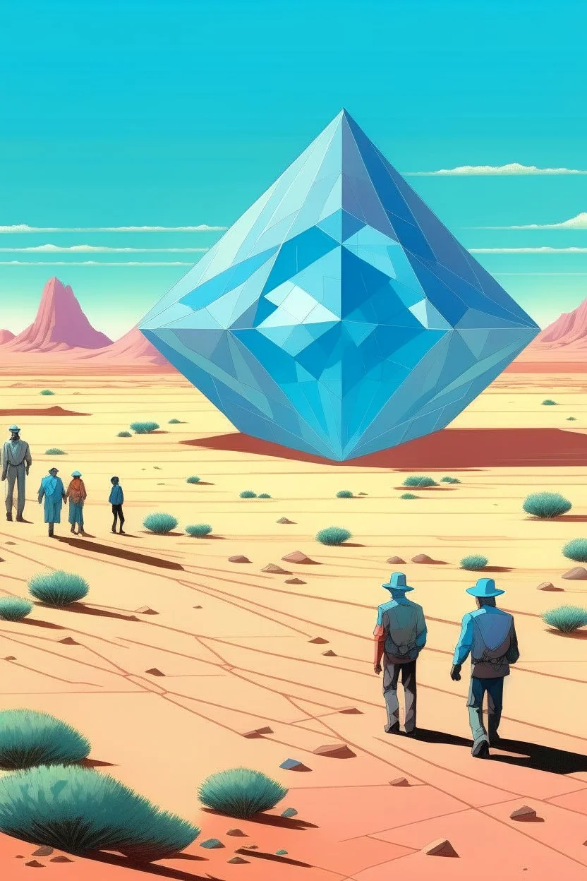 giant diamond in the desert with small people around n the style of Hiroshi Nagai