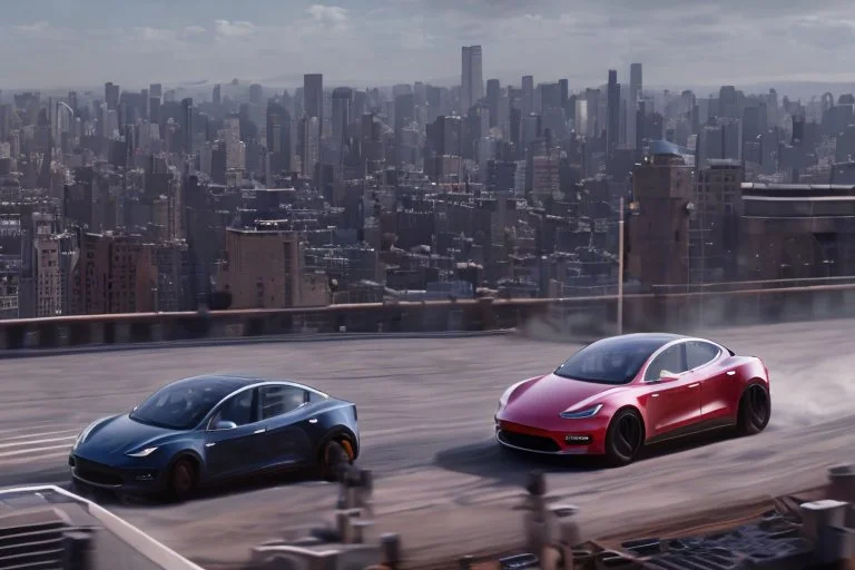 A Tesla 'Model Y' is racing at top speed, inside the 'Yankee Stadium' in Manhattan. (CINEMATIC, WIDE ANGLE LENS, PHOTO REAL)