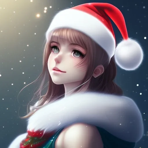 girl, Christmas hat on head, looking forward, anime art, cold weather, gray furry clothes,anime key visual of elegant young female