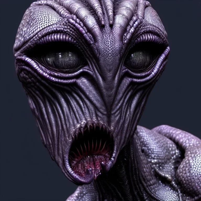 Scary humanoid alien with dark rough skin with scales, concept art, hyper realistic, photorealistic