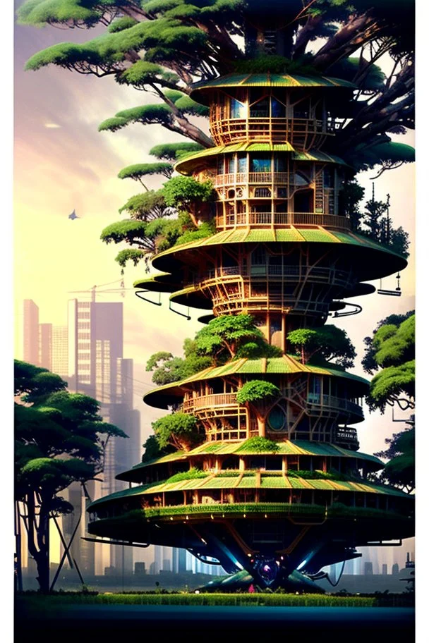 Dibujo arquitectónico de una casa del árbol cyberpunk, hiperdetallada, calidad ultra, increíble obra de arte