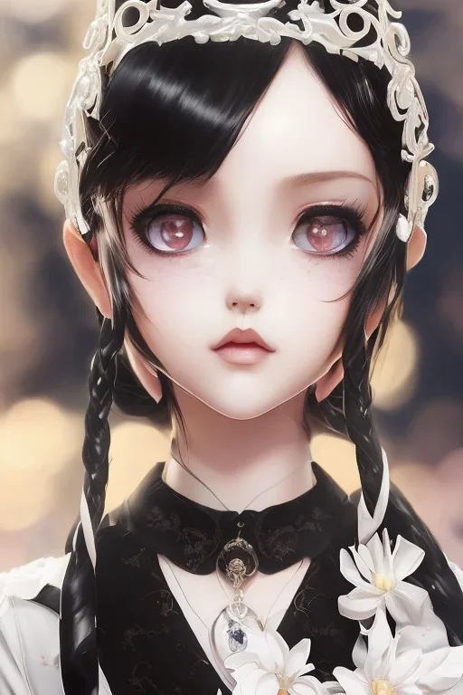 Detailed cute anime Wednesday Addams, black hair buns, black bangs, black latex bodysuit, intricate details, full body portrait, keep head in frame, slight smile, black Japanese motif, concept art, highly detailed, digital painting, concept art, sharp focus, illustration, art by Yoji Shinkawa, WLOP and greg rutkowski and alphonse mucha and artgerm and yanjun Chen and Junji ito and Makoto Shinkai, HDR, octane render