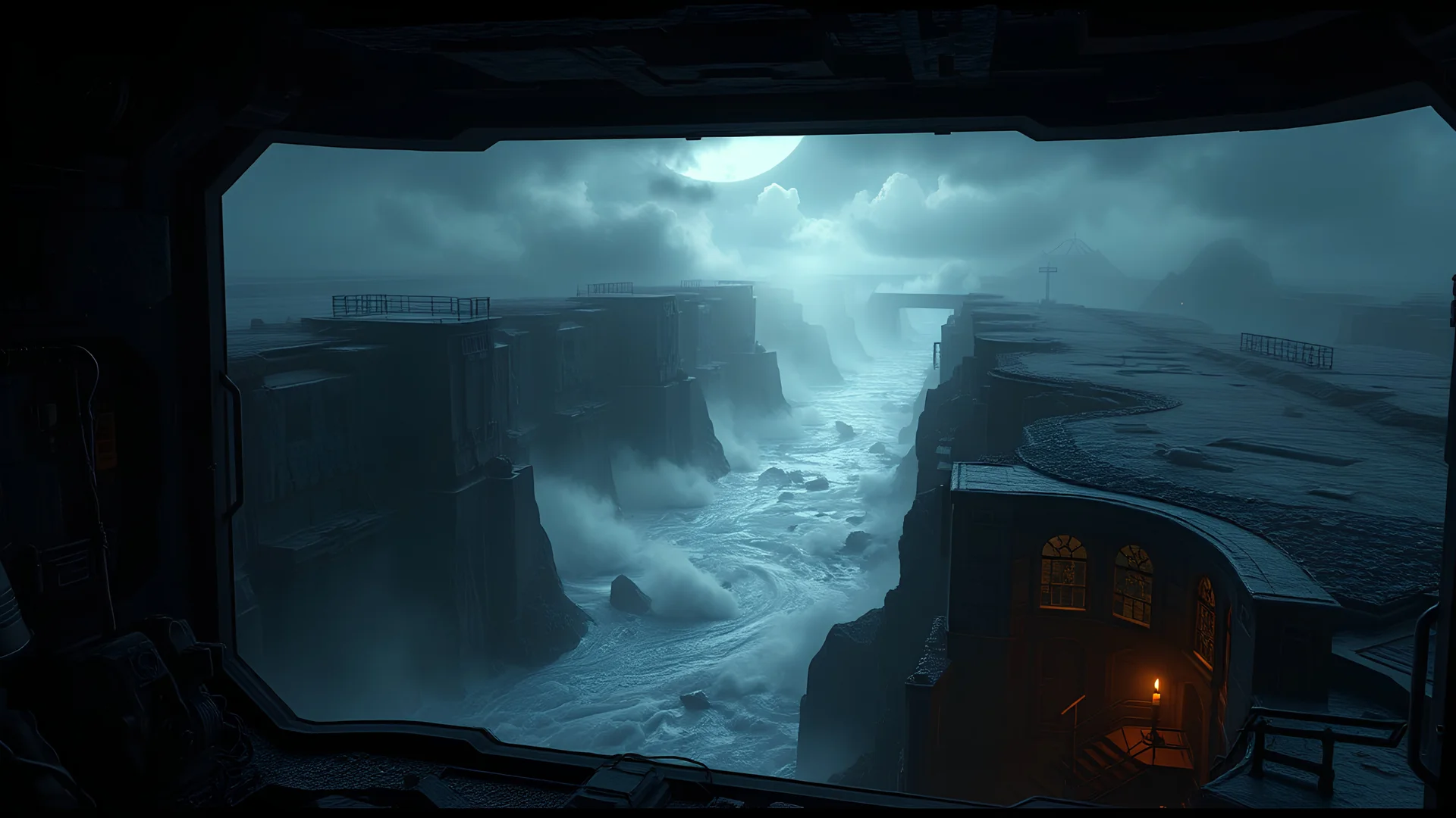 inside a cyberpunk outpost, windows reveal cliffs and a stormy river rapids below, nighttime storms, beautiful intricate insanely detailed octane render, trending on artstation, soft natural volumetric cinematic perfect light, chiaroscuro, award-winning photograph, masterpiece, 8k artistic photography, photorealistic concept art