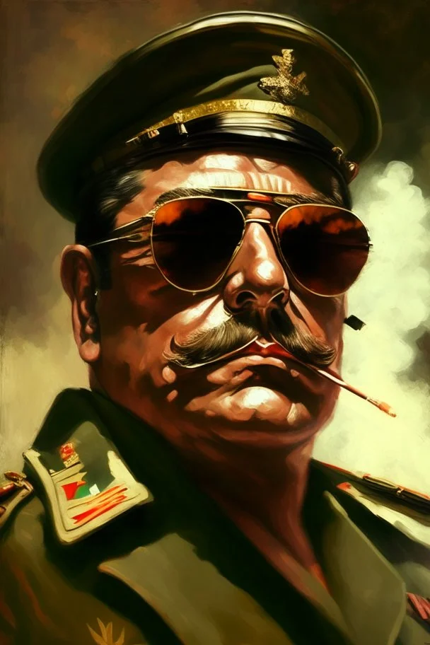 Make me a oil portrait from a dictator with sunglasses and cigar