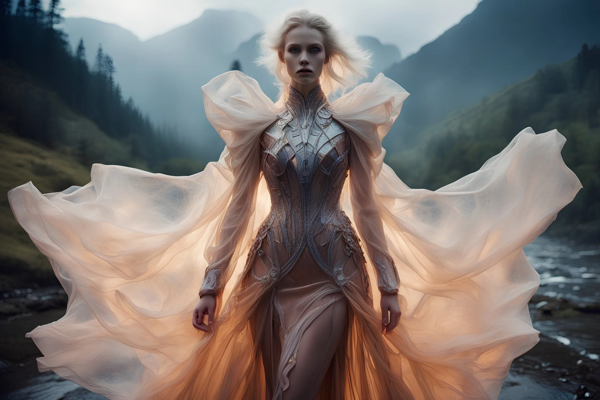 editorial photo,Otherworldly, Austrian Symbolism, arcane atmosphere, futuristic high detail Hiper-realistic Close-up photo, blonde Brown Actress knight fashion, Gaudi-Iris Van Harpen translucent fluorescent haute couture gown costume, in the stormy sunrise mountains River forest, by Elena Kalis, Bert Stern, Jamie Baldridge BurningMan