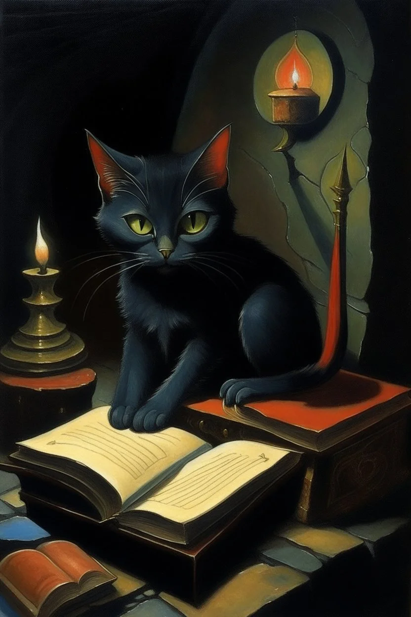 1970's dark fantasy book cover dungeons and dragons style painting of a cat with minimalist far perspective