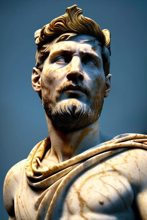 Realistic image, Roman sculpture made in marble with gold veins, Lionel messi, gold laurel leaves crown, waist up portrait,marble material, gold ornaments, Renaissance style, sun rays background, epic, celestial, cinematic lighting, God lights, 4k resolution, smooth details, soft lighting, unreal engine 5, art station, substance 3d.