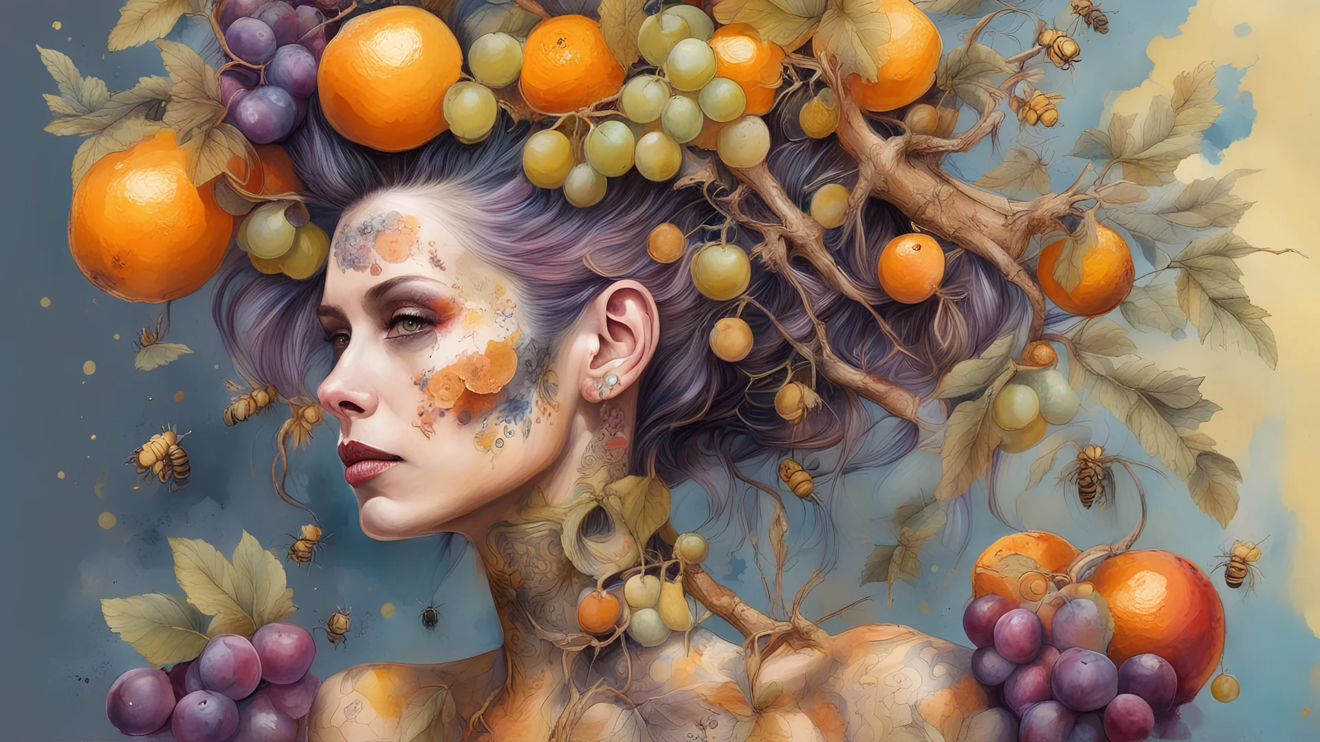 Punk woman 49 years old, hair made of Fruits, Grapes, tangerines, gold, gouache, watercolor, acrylic, streaks of paint, branches, fine drawing, golden makeup, bees, tattoo, robot, alien, bees, bright colors, double exposure, high detail, high resolution, 8K, 3D, bees,