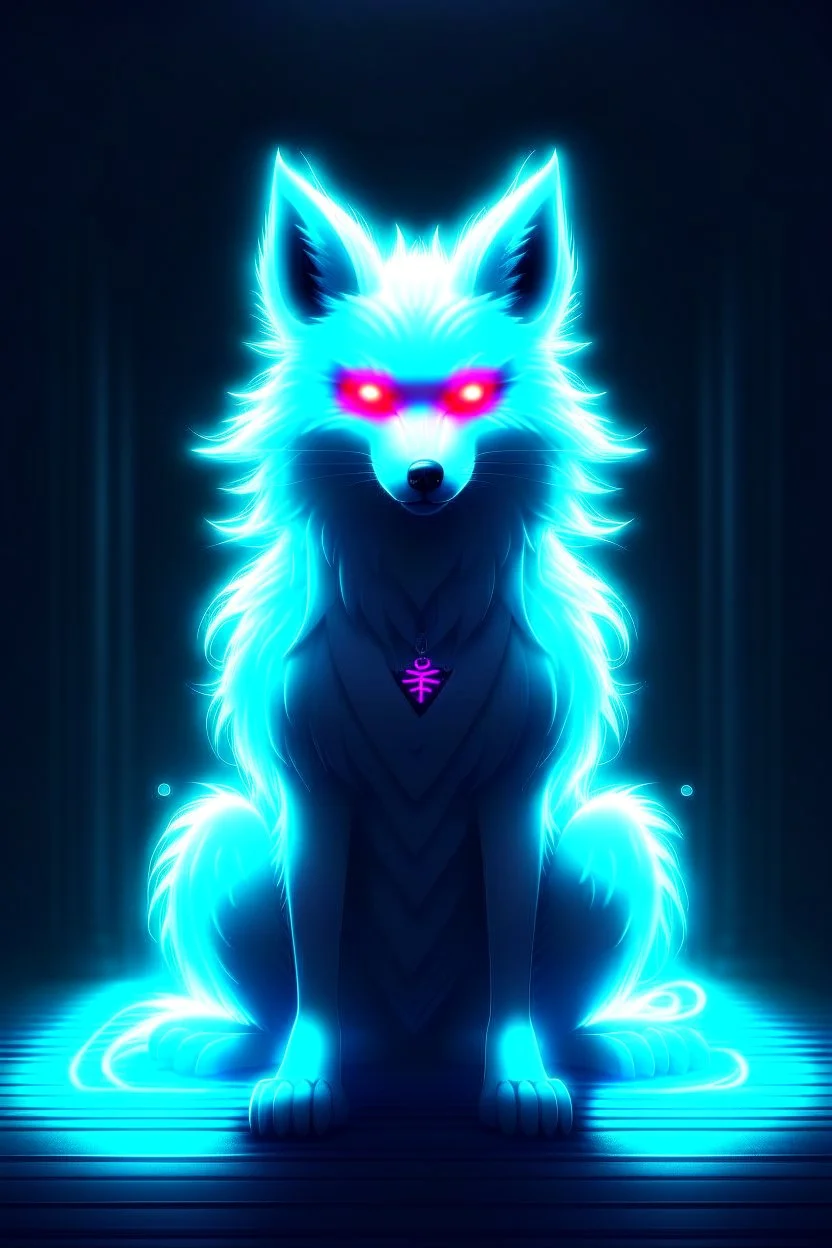 Super cool ghostly spiritual kitsune with menacing glowing eyes In a dark room. It sits alone staring straightly and deeply at us, it has a painted-anime style.