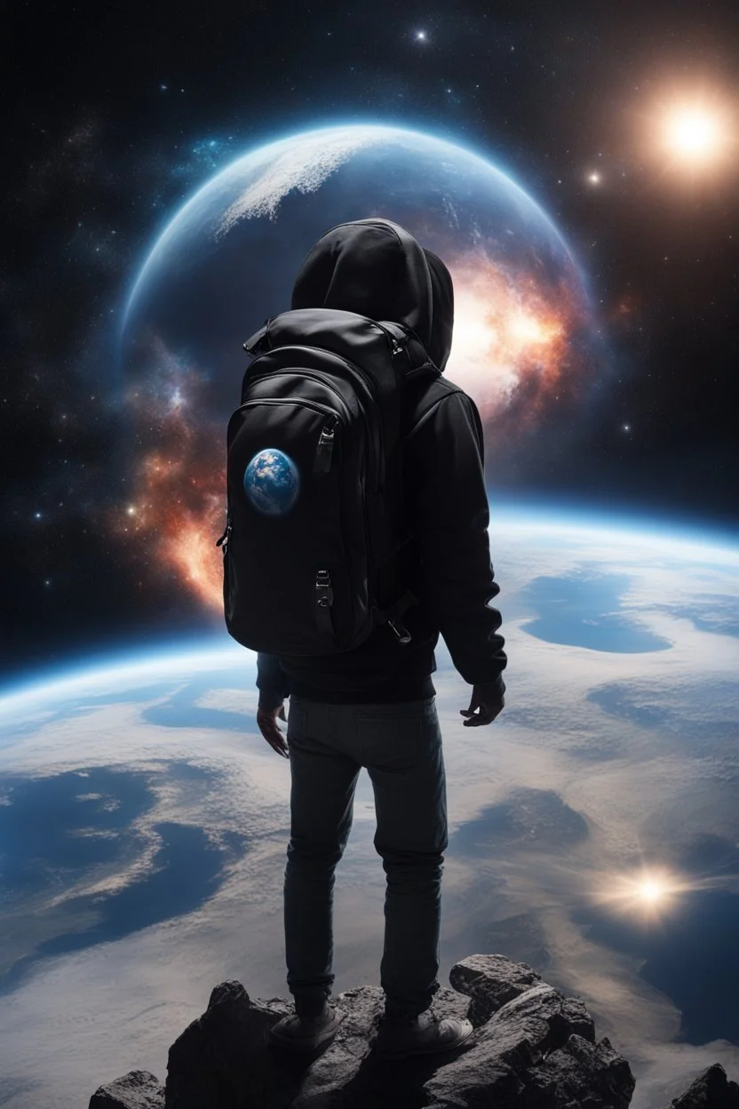 A figure wearing a black backpack deep in a supernova overlooking planet Earth